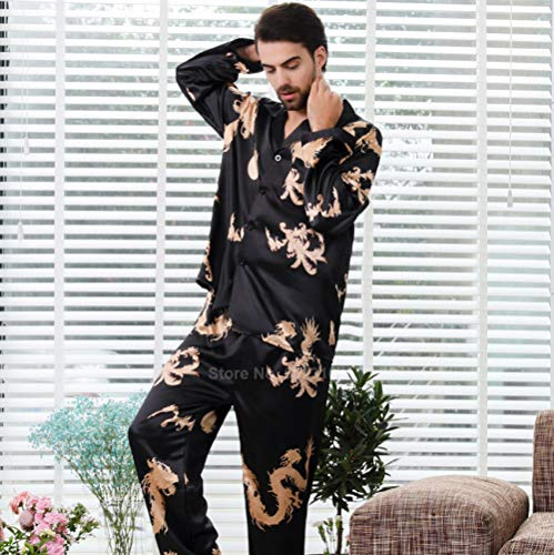Pyjama Satin Femme,Ensemble De Pyjamas En Satin De Soie Pour Femmes 2Pcs Pantalons À Manches Longues De Style Chinois Nouvel An Dragon Print Vêtements De Nuit Pour Hommes Pyjamas Pour Couples (Noir