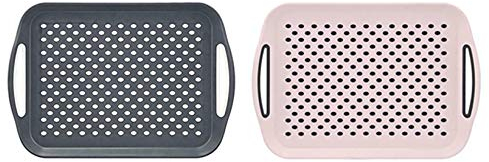 2X Set of Anti-Slip Rectangular Non-Slip Top and Bottom Plastic Dinner/Drinks Serving Tray with High Grip Rubber Surface, Easy Grip Handles,(Grey&Pink)