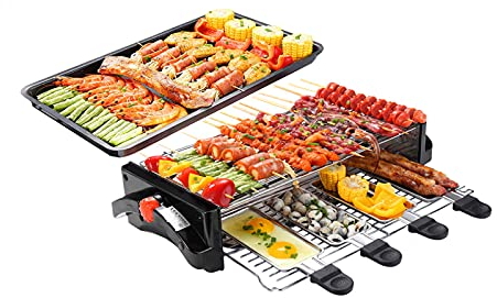 Wgwioo Parrilla Sin Humo De Doble Capa, Parrilla De Mesa, con 2 Rejillas Antiadherentes + 1 Sartén + 4 Mini Sartenes para Queso