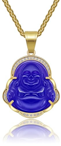 AILUOR Glücklicher lachender Buddha Halsketten, Glückskette Buddha Anhänger Grüne Jade Buddha Halskette Iced Out Bling Zirkon 18K vergoldet Kette Zierliche Amulett Halskette Schmuck Geschenk (Blau)