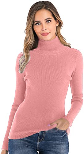 Enjoyoself Donna Maglione Elegante Collo Alto Maniche Lunghe Pullover Accollato Maglia a Maglieria Dolcevita Classico Invernale (Rosa-2, M)