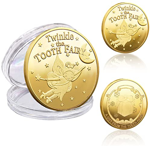 QXRXN Zahnfee Münze Gold, Zahnfee Geschenke Ideen für Mädchen Junge, Zahnfee Münzen Goldmünzen Gedenkmünze für die verlorenen Zahn Kinder 2 Stück