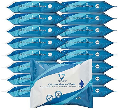 Drylife Premium 5-in-1 Fragranced Disposable XXL Incontinence Wipes | Moisturising Antibacterial Barrier Protection Skin Cleansing Cloths (24 Packs of 25)