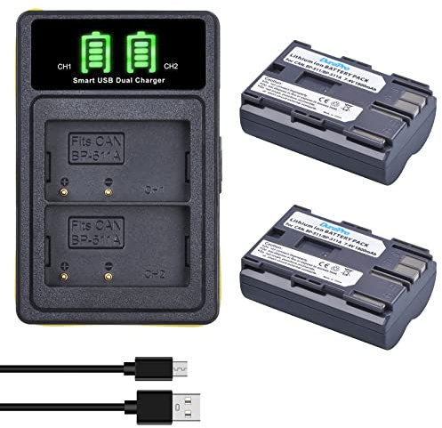 DuraPro 2X Batterie BP-511 BP-511A + Double Chargeur USB intégré à Del avec Port de Type C pour Canon EOS 5D (Mark1), 10D, 20D, 20Da, 30D, 40D, 50D, 300D, D30, D60,PowerShot G1, G2