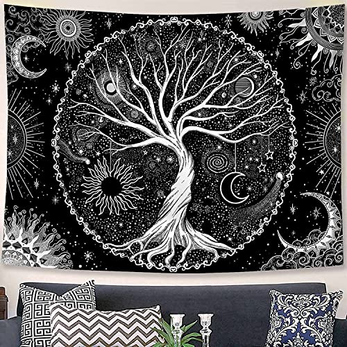Arawat Wandteppich Baum des Lebens Wandtuch Lebensbaum Mond Sonne Wandteppich Schwarz Weiß Wanddeko Psychedelic Teppich Gothic Wandteppiche Trippy Tapestry Wandbehang Boho Wand Deko (150 x 200cm)