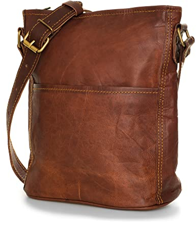 LEABAGS Leder Handtasche Damen I Premium Echtleder Umhängetasche I Damen Schultertasche I Damentasche I Tragetasche für Arbeit Uni Schule Freizeit I Größe M (23 x 24 x 6 cm) I Vintage Cognac
