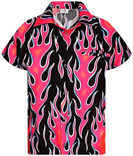 King Kameha Funky Hawaiian Shirt, Men, Shortsleeve, Flames Wild, Pink, 4XL