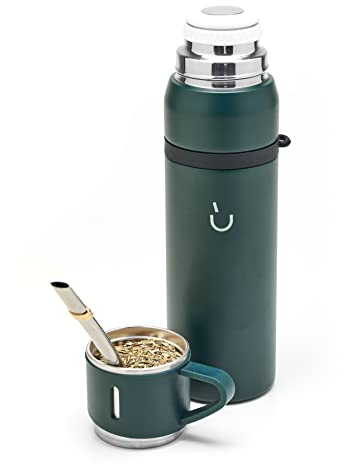 BALIBETOV Termo Mate para Camping - Acero Inoxidable Doble Pared al Vacio - Ideal para Viajes y Aire Libre - Termo pensado para usar como Kit de Mate, con Taza y Bombilla para Mate (Verde)