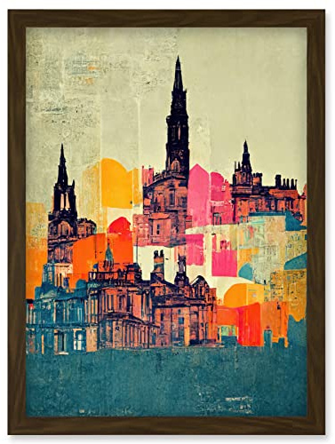 Wee Blue Coo Boho Abstract Multi Coloured Cityscape Skyline Painting Folk Art Artwork Framed Wall Art Print A4