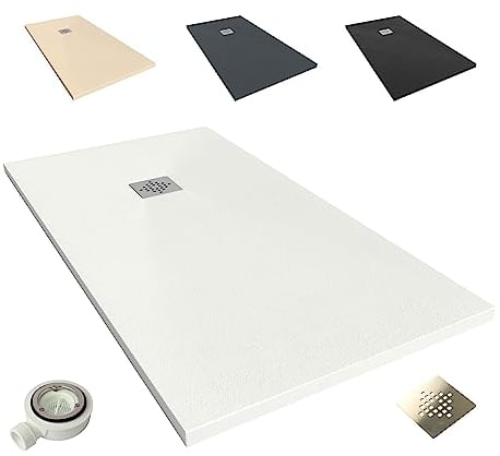 NEBADOON | Plato de Ducha de Modelo Roma II – Plato Ducha Resina con Textura Pizarra - Antideslizante y Antibacteriano – Blanco (RAL 9003) 70x120 cm – Incluye Válvula Desagüe y Rejilla