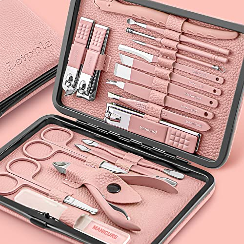 Kit Manucre Pedicure - Coupe Ongle Professionnel Coupe Cuticule Acier Inoxydable - Trousse Manucure Pedicure Set de 18pcs avec Exquis La Boîte (Rose)
