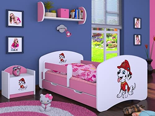 BDW Kinderbett Super Hunde - Babybett mit Matratze und Schublade - Bequem und Langlebig Rausfallschutz Bett - Kinderzimmer - Rosa (Motiv 4) - 140x70