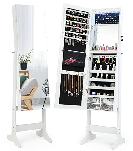 COSTWAY Armoire à Bijoux sur Pieds Miroir Pleine Longueur, Armoire à Bijoux Verrouillable avec Grand Espace de Rangement, Miroir Psyché Intérieur, Lumière LED, Angle Réglable, 41 x 36 x 158 cm, Blanc