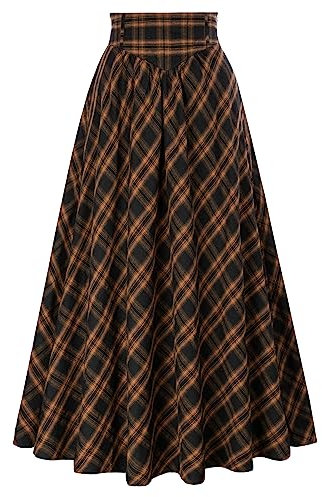 Viktorianische Kariert Rock Damen Vintage High Waist mit Kordelzug Lange Röcke Gelb Schwarz Plaid M