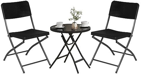 eSituro Balkonmöbel Gartenset klappbar, Beistelltisch mit 2 Klappstühle, Bistrosets Gartenmöbel, für Garten Balkon Terrasse Schwarz