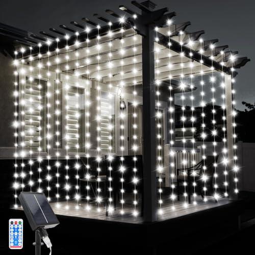 JIMACRO Solar Curtain String Lights, 3Mx3M Waterproof Curtain Lights 10 Pcs Hanging Fairy String Lights 8 Modes 300 LED Waterfall Garden Lights with Remote for Christmas Party Holiday Decorations