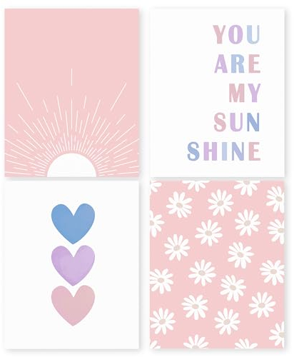 HRQKO Boho You Are My Sunshine Kinderzimmer Wandkunst-Poster Set von 4, rosa Boho Kleinkind Kinderzimmer Poster Wanddekoration, Boho Sonne Herz Drucke für Kinderzimmer Klassenzimmer Baby Mädchen