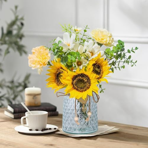 YELIKIT Artificial Flowers with Glass Vase Fake Flower Bouquet Faux Sunflower in Vases for Home Dcor Flowers Modern Home Decor Table Decorative Flower Vase for Dinner Office Bedroom, Yellow