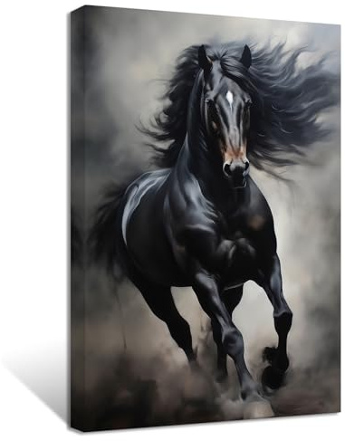 ZXHYWYM Bild eines rennenden Pferdes schwarzes Pferd Leinwandbilder Vintage Wildtier Poster abstrakte Kunstwerke für Büro Wanddekoration gerahmt (Bild-3, (30.00 x 45.00 cms))