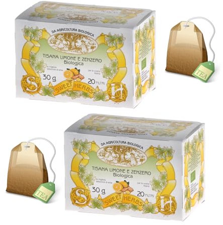 Sweet Herbs® | Tisana Limone Zenzero e Tè Verde | Infuso Biologico Digestivo Limone, Zenzero, Tè Verde - 2 x 20 Filtri in Singole Bustine