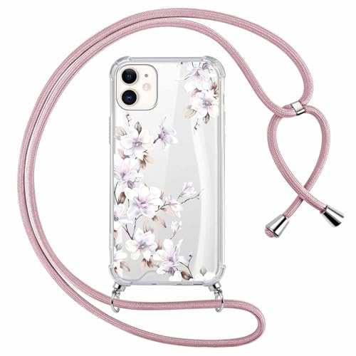Yoedge Coque Cordon pour iPhone 12/iPhone 12 Pro 6,1,Collier Réglable Étui Transparente Aesthetic Motif Fleur Femmes Filles Case, Silicone TPU + PC Antichoc Housse Tour de Cou Laniere Corde Cover, 05