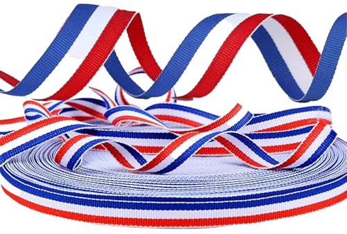 SULOLI 50m*10mm Bobine de Ruban Tricolore,Ruban Nylon Bobine Décorative Tricolore Français Rouge Blanc et Bleu en Couleurs du Drapeau Français pour Emballage Bannière Artisanat et Fête Nationale
