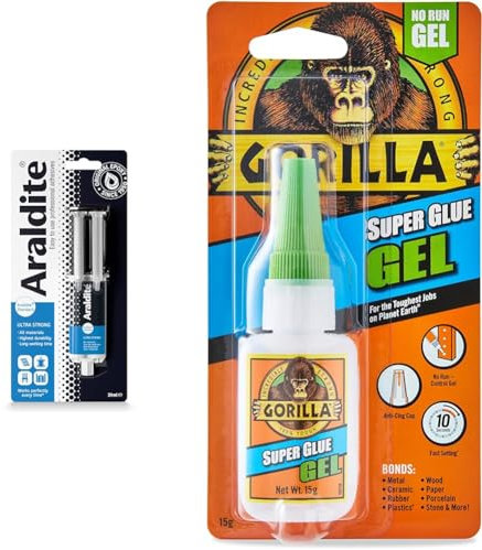 Araldite Standard 2-Part Epoxy Syringe Ultra Strong, Multipurpose & Solvent-Free & Gorilla Super Glue Gel, 15g – All Purpose, Fast Setting, No-Run Formula with Anti-Clog Cap | Ideal for Metal
