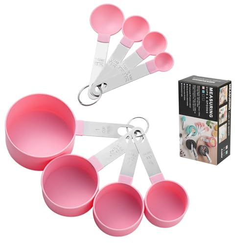 haierdidi Lot de 8 cuillères doseuses en plastique - Outil de mesure de cuisine - Avec poignée en acier inoxydable - Cuillères doseuses pour mesurer les liquides et les solides - Rose