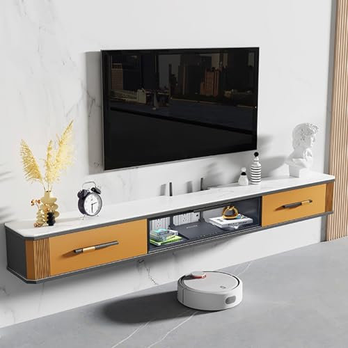 Modern Farmhouse Wooden Floating TV Stand with Doors Wall Mounted Media Console Shelf for Living Room or Bedroom Gray and Orange 140 x 25 x 24cm