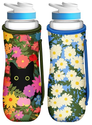 Toykee Wasserflaschenhülle für Cirkul 907 ml – 2 Stück Flaschenhalter-Tragetasche mit Seitengriff, niedliche Farben, Blumen- und Katzendruck