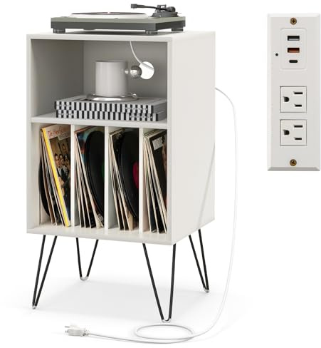 COSTWAY Supporto per Giradischi, Porta Vinili con 5 Scomparti di Archiviazione, Presa di Corrente e Porta USB e TYPEC, per Soggiorno, Camera da Letto e Ufficio, 48 x 40 x 88 cm (Bianco)