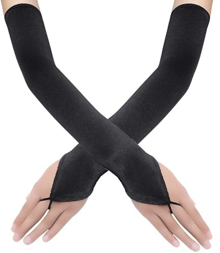 Schwarze Lange Handschuhe, Damen Stretch Seiden Hakenhandschuhe Große Satin-Halbhandschuhe Vintage Fingerlose Opern Lang Handschuhe für Hochzeiten, Abende, Partys, OpernauffüHrungen, Cosplay-KostüM