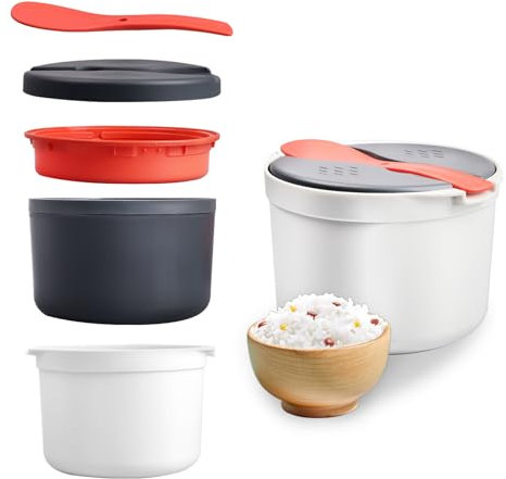 Yallmie 2L Olla Arrocera para Microondas, 18.5x13cm Arrocera Microondas Pequeña con Tapa, Olla de Vapor y Cucharas, Vaporera de Arroz Microondas para Arroz y Grano, sin BPA Apta para Lavavajillas (A)