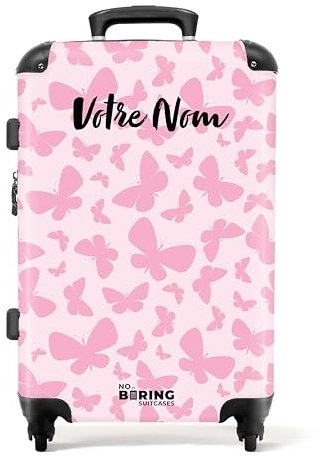 NoBoringSuitcases.com Valise Enfant Fille, Grande Valise, Valise Personnalisable, Serrure TSA, Valise 23kg, Valise Fille Ado, Valise Grande Taille (67cm - 72L) (Motif Papillons Roses - Rose Clair)