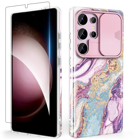 SHEDEER Cover per Samsung S25 Ultra con Slidable Protezione Fotocamera & Vetro Temperato, Cover per S25 Ultra 360 Militare Protezione, Aesthetic, Brillante, Antiurto Antigraffio, Viola Meteor Shower