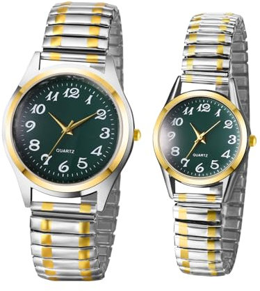 JewelryWe Paar Uhren Edelstahl Stretcharmband: 2pcs Elastische Analog Quarz Partner Armbanduhr Gold Silber Elastische Edelstahlarmband Uhren mit Zugarmband & Grünem Großen Zahlen Zifferblatt