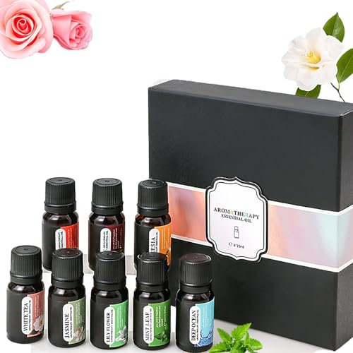 8-Piece Water-Soluble Essential Oil Gift Set - 10 ML Fragrance Oils for Diffuser, Humidifier, Massage - Jasmine, White Tea, Rose, Lily, Freesia, Orange, Mint & Deep Ocean