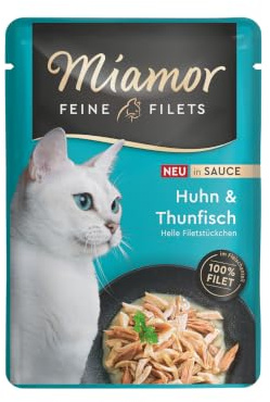 MIAMOR - Feine Filets in Sauce | Nassfutter für ausgewachsene Katzen mit Filetstückchen in Sauce. Fettarmes Ergänzungsfutter im Frischebeutel ohne künstliche Zusätze | 24x100g Huhn & Thunfisch
