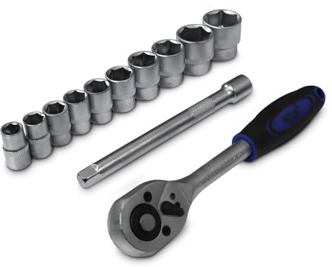 Bituxx 12 Teiliges Nussatz Sechskant mit 200mm Ratsche 3/8 und 150mm Verlängerung Steck Nüsse Stecknuss Werkzeug Set