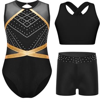 inhzoy Mädchen Turnanzug Mit Kurzer Hose Glitzer Ärmellose Mesh Gymnastik Trikot Shorts Mit/Ohne Tank Top Kinder Tanzkleidung Set A Schwarz 146-152