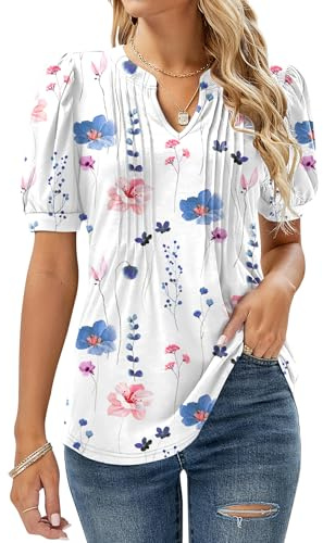 EFFAN Women Tops Tunic Short Sleeve Summer T Shirts Ladies Clothes Dressy Floral Printed Fashion Blouses White Blue Floral M (UK 12-14)