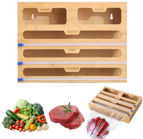 Bamboo Foil Dispenser and Cutter, 5-in-1 Foil Cutter, Foil Film Dispenser and Cutter, Kitchen Roll Cling Film and Foil Organiser, for Aluminum Foil, Parchment Paper, Wax Paper