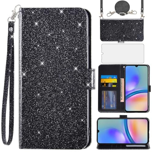 Asuwish Étui de protection pour Samsung Galaxy A05s/A05 avec bande de film de protection d'écran compartiment pour cartes à rabat en cuir à paillettes support Ao5s Ao5 A 05s 05 Noir
