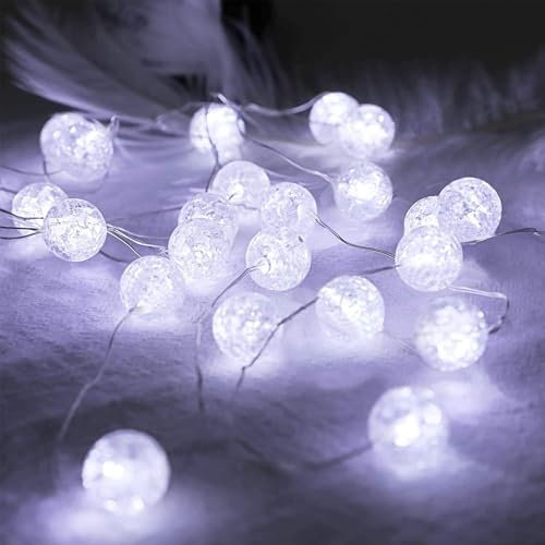 ENLACE Lichterkette Kristall Kugeln, 3M 30 LED Lichterkette Batteriebetrieben, Kristall Crackle Kugeln Lichterketten für Hochzeit Weihnachten Valentinstag Schlafzimmer Party Dekoration, Weiß