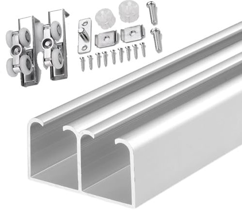 WLCGYD Aluminum Double Door Sliding Door Track, Concealed Sliding Track System Wardrobe Door for Cupboard Green House, 500 400 300 200 240 100 80 60 Cm Long, with Mounting Kit(Silver,60cm)