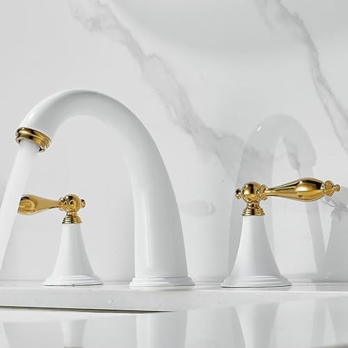 Robinet 3 Trous Lavabo Robinet de Salle de Bain Laiton-Blanc + Or