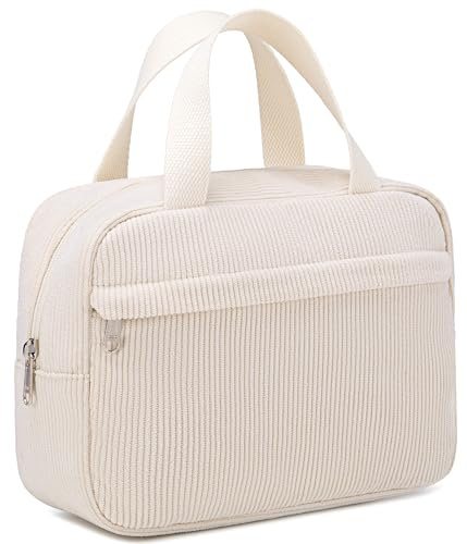 LEDAOU Kosmetiktasche mit Inneneinteilung, Tragegriff, Wasserabweisende Make-up Tasche, Kulturbeutel aus Cord, Unisex (Beige)