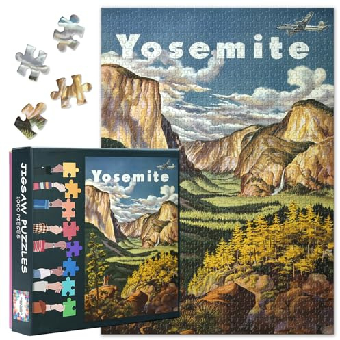 1000 Teile Puzzle für Erwachsene – Yosemite National Park Vintage United Airlines Reiseplakat Klassische Naturlandschaft Panorama-Bergblick Sammler-Kunstpuzzle (27,5x19,7 Zoll)