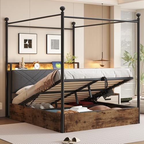 Zravenna Stauraumbett Himmelbett 140x190 mit Bettkasten, Multifunktionales Gepolstert Kopfteil mit Einlegeböde Stauraum, abnehmbaren Eisen-Bettpfosten, Jugendbett Doppelbett (A-Schwarz)