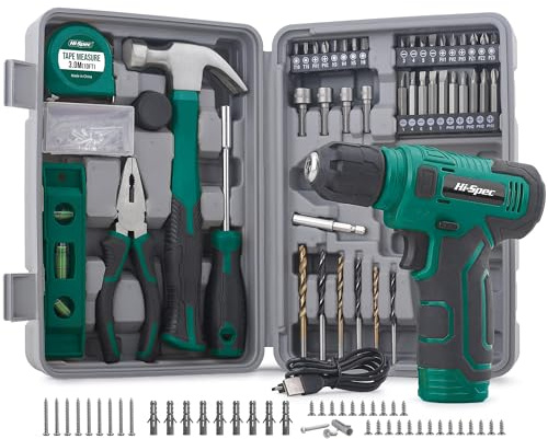 Hi-Spec Caja de Herramientas Completa con Atornillador Eléctrico 8V, Verde | maletín portátil, kit doméstico multiusos, accesorios para reparaciones, montaje y mantenimiento en casa, uso diario